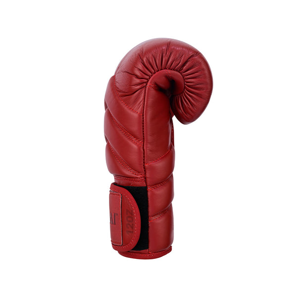 The SMAI Memory Tec Leather Boxing Glove - Crimson Red is a single cowhide leather glove with a curled, padded top and black velcro strap featuring Memory Tech foam, shown upright against a white background.