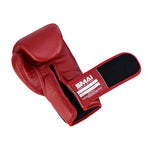 A single SMAI Memory Tec Leather Boxing Glove in Crimson Red, made of cowhide leather with a black and red Velcro strap, displays inner Memory Tech foam padding and wrist branding, shown on a white background.