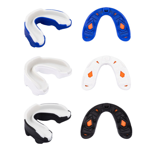 The SMAI 3 Layer Gel Mouth Guard - Senior is shown in blue, white, and black with orange accents. Each pair displays inside and outside views, highlighting impact protection features.