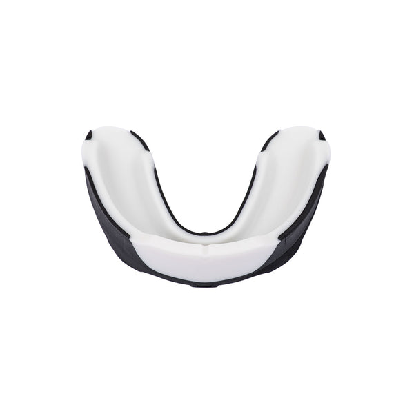 A front view of the SMAI 3 Layer Gel Mouth Guard - Senior in black and white, designed for superior impact protection, displayed on a plain white background.