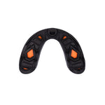 The SMAI 3 Layer Gel Mouth Guard - Senior is shown from above on a white background, featuring a black and orange curved U-shaped design for impact protection.