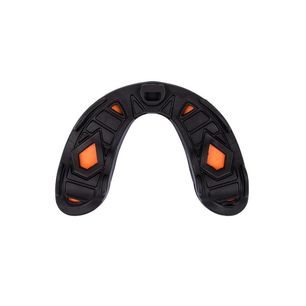 The SMAI 3 Layer Gel Mouth Guard - Senior is shown from above on a white background, featuring a black and orange curved U-shaped design for impact protection.