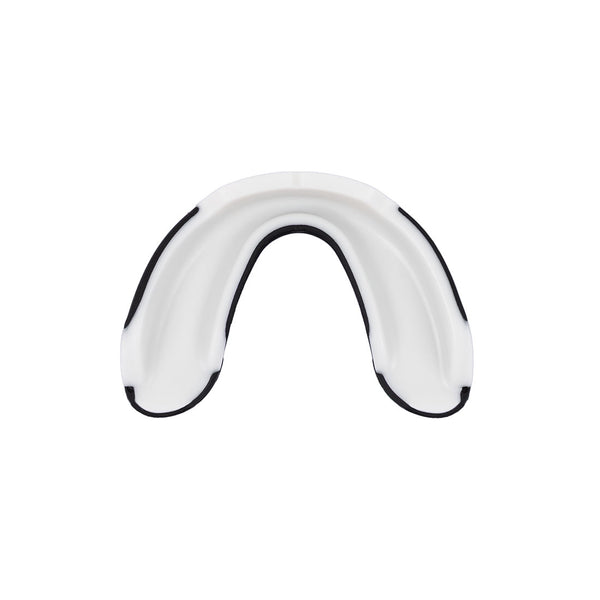 The SMAI 3 Layer Gel Mouth Guard - Senior in white and black is designed for maximum impact protection, displayed from above on a plain white background.