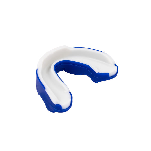 The SMAI 3 Layer Gel Mouth Guard - Senior in blue and white offers reliable impact protection for teeth during sports, shown on a plain white background.