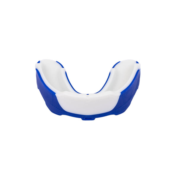 The SMAI 3 Layer Gel Mouth Guard - Senior, shown in blue and white from the front against a white background, is designed for ultimate impact protection.