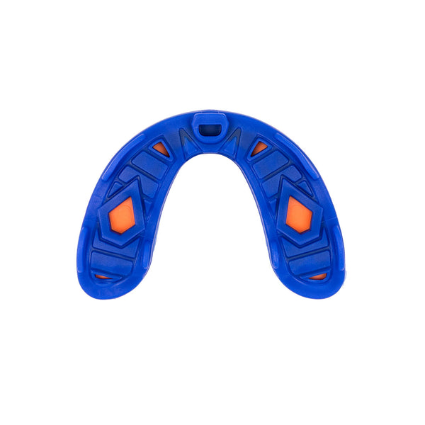 The SMAI 3 Layer Gel Mouth Guard - Senior, a blue mouthguard with orange accent pads, offers superior impact protection and teeth safety, displayed on a white background.