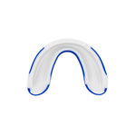 The SMAI 3 Layer Gel Mouth Guard - Senior is a white sports mouthguard with blue edges, contoured for upper teeth impact protection, displayed on a plain white background.