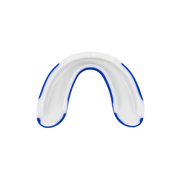 The SMAI 3 Layer Gel Mouth Guard - Senior is a white sports mouthguard with blue edges, contoured for upper teeth impact protection, displayed on a plain white background.
