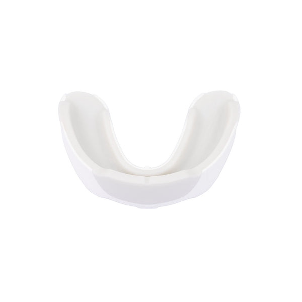 The SMAI 3 Layer Gel Mouth Guard - Senior is a white, contoured sports mouthguard designed to fit over upper teeth for superior impact protection, shown on a plain white background.