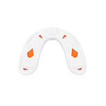 The SMAI 3 Layer Gel Mouth Guard - Senior is a white and orange, U-shaped sports mouthguard designed for optimal impact protection, shown on a plain white background.