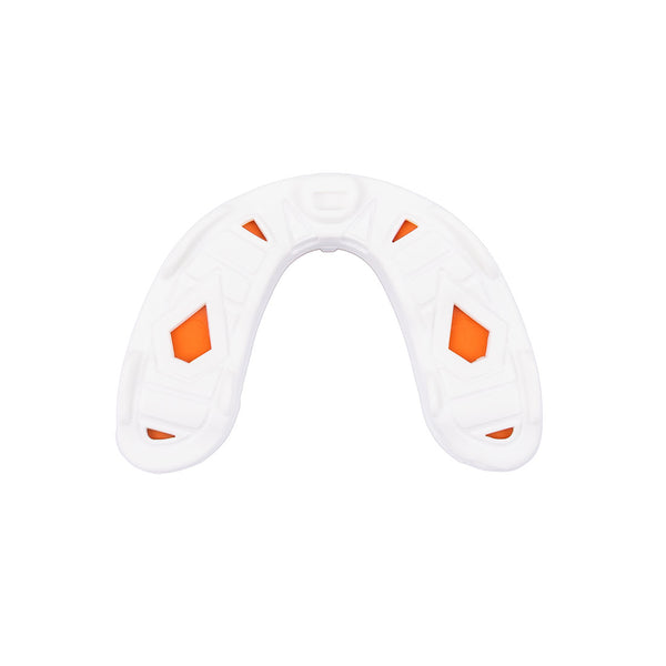 The SMAI 3 Layer Gel Mouth Guard - Senior is a white and orange, U-shaped sports mouthguard designed for optimal impact protection, shown on a plain white background.