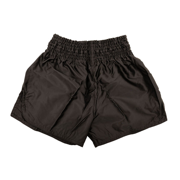 SMAI Muay Thai Shorts - Black: Unisex shorts made from satin polyester with an elastic waistband, shown laid flat on a white background.
