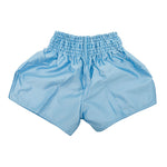 SMAI's Muay Thai Shorts - Sky Blue are unisex, crafted from smooth satin polyester with a wide, ruched elastic waistband and loose legs, shown laid flat against a white background.