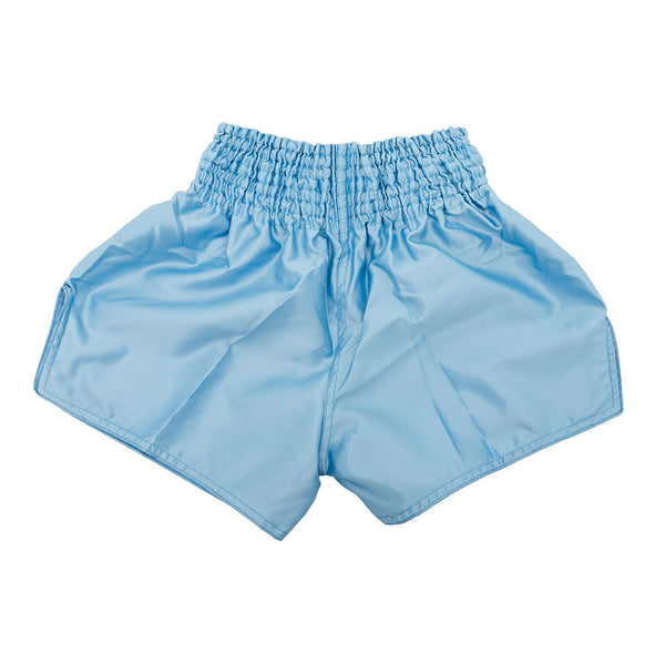 SMAI's Muay Thai Shorts - Sky Blue are unisex, crafted from smooth satin polyester with a wide, ruched elastic waistband and loose legs, shown laid flat against a white background.