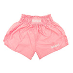 SMAI Muay Thai Shorts - Pink: Unisex satin polyester shorts with a wide elastic waistband and “SMAI” in white on the waistband and left leg, shown on a white background.
