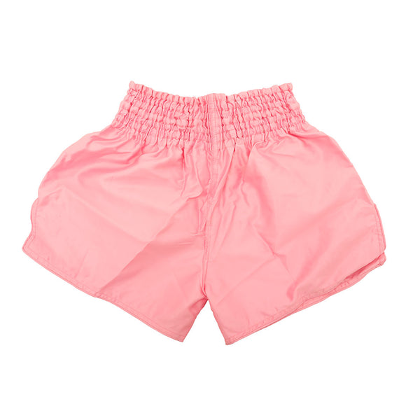 The SMAI Muay Thai Shorts - Pink are unisex, made from satin polyester with a high, wide elastic waistband and loose-fitting legs, shown against a white background.