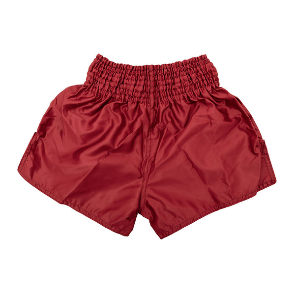 The SMAI Muay Thai Shorts - Red feature a wide elastic waistband, loose-fit legs, and quick-dry satin fabric, shown flat on a white background.