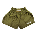SMAI Muay Thai Shorts - Olive Green: unisex satin polyester shorts with an elastic waistband and white "SMAI" logos on the waistband and lower left leg, shown on a white background.