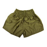 SMAI Muay Thai Shorts - Olive Green unisex, featuring an elastic waistband and lightweight, shiny satin polyester, shown flat on a white background—perfect for casual or athletic wear.