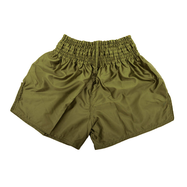 SMAI Muay Thai Shorts - Olive Green unisex, featuring an elastic waistband and lightweight, shiny satin polyester, shown flat on a white background—perfect for casual or athletic wear.