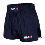 Introducing the SMAI Muay Thai Shorts - Navy: these unisex shorts feature a high elastic waistband and classic side slit, designed in the traditional Muay Thai style. The brand “SMAI” is prominently displayed in white and red on both the waistband and the lower left leg, making them an ideal choice for training or competition.