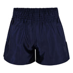 The SMAI Muay Thai Shorts - Navy are crafted from shiny satin fabric and feature a high, wide elastic waistband, displayed from the front against a white background.
