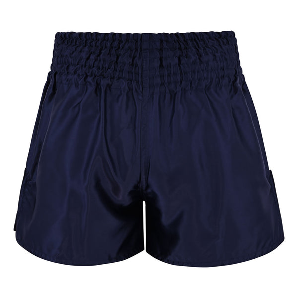 The SMAI Muay Thai Shorts - Navy are crafted from shiny satin fabric and feature a high, wide elastic waistband, displayed from the front against a white background.