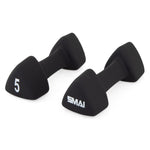 A pair of SMAI Neoprene Dumbbells with a triangular shape and cast iron base—one marked "5" and the other with the brand name—are displayed on a white background.