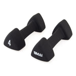 A pair of SMAI Neoprene Dumbbells with a cast iron base and ergonomic triangular shape—one labeled “4” and the other “SMAI”—rests on a white background.