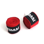The image displays two rolled-up hand wraps with black and white labels branded as Sale Item Elite85. These red wraps are perfect for boxing or martial arts, offering crucial protection during high-intensity training sessions or competitions.
