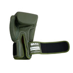 The SMAI Elite85 Boxing Glove in olive green features leather construction, a large Velcro wrist strap for injury reduction, white stitching, and the "SMAI" label. The injection-moulded glove is open to reveal the interior and extended wrist support.