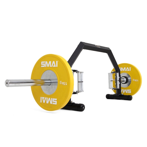SMAI Open Hex trap Bar - 3 Grip - Side iew 15kg Bumper Plates