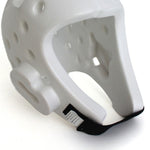 The SMAI Head Guard - Dipped White is a taekwondo headgear designed with ventilation holes, protective padding, and excellent impact absorption. It also includes a chin strap to secure the head guard during practice or competition.