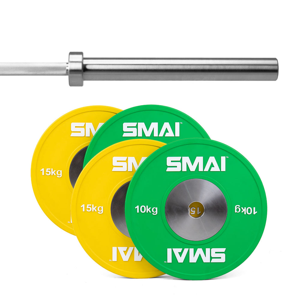 Introducing the SMAI Competition Bumper Plate Set with Barbell - 50kg, complete with a sleek silver barbell and vibrant bumper plates. The set includes eye-catching green and yellow plates, clearly marked "SMAI," to indicate 15kg and 10kg weights—ideal for rigorous training exercises.