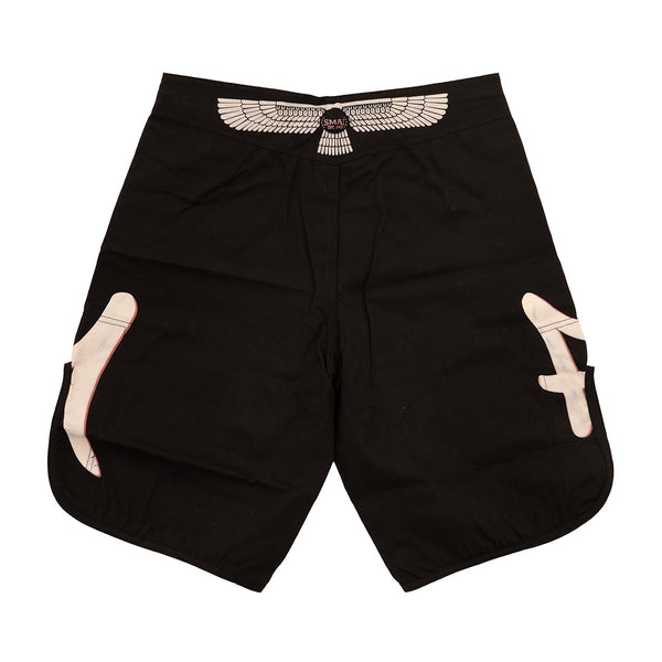 The SMAI "MMA Shorts - Punishment" are black polycotton shorts featuring white wings and symbols near the waistband and sides, shown flat on a white background.