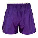 SMAI Muay Thai Shorts - Purple, featuring a unisex fit and an elastic waistband, are displayed from the back against a white background. The smooth, shiny fabric has no visible logos or patterns.