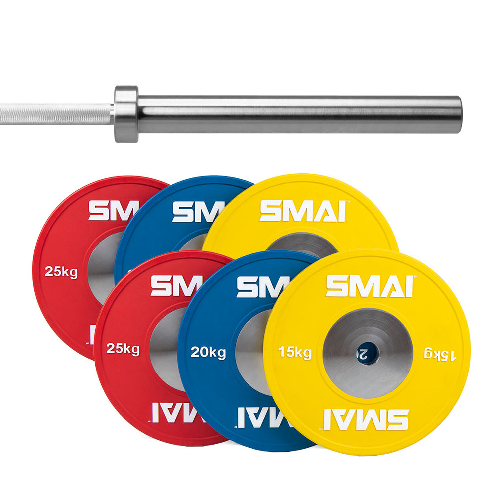A set of Competition Bumper Plates and a sleek barbell designed for Olympic weightlifting by SMAI. The vibrant plates come in red (25 kg), blue (20 kg), and yellow (15 kg), prominently featuring the SMAI brand and ensuring durability with elite bearing barbells for smooth rotations.