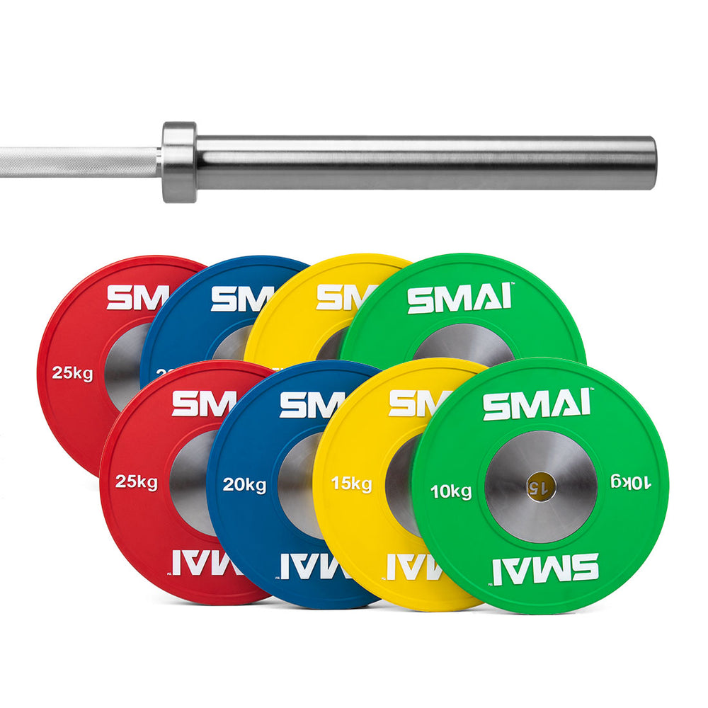 The SMAI Competition Bumper Plate Set with Barbell - 140kg features an elite bearing barbell and vibrant plates in red (25kg), blue (20kg), yellow (15kg), and green (10kg), each proudly displaying the SMAI logo, making it ideal for Olympic weightlifting enthusiasts.