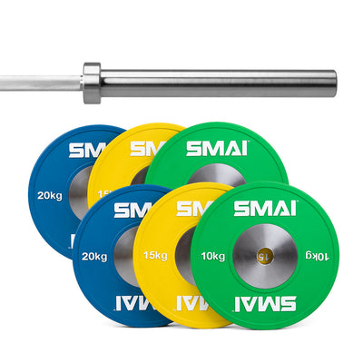 A set of vibrant SMAI Competition Bumper Plates and the Elite Bearing Barbell. The plates are included in the 90kg set, featuring blue (20kg), yellow (15kg), and green (10kg) each with the SMAI branding.