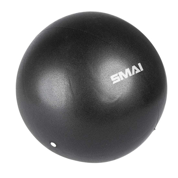 The Pilates Ball by SMAI is a black exercise ball designed for Pilates and core strengthening. It features the brand name "SMAI" in white on its surface. With a textured exterior for improved grip and a convenient small air valve at the bottom for easy inflation, it is perfect for balance training and stability exercises.