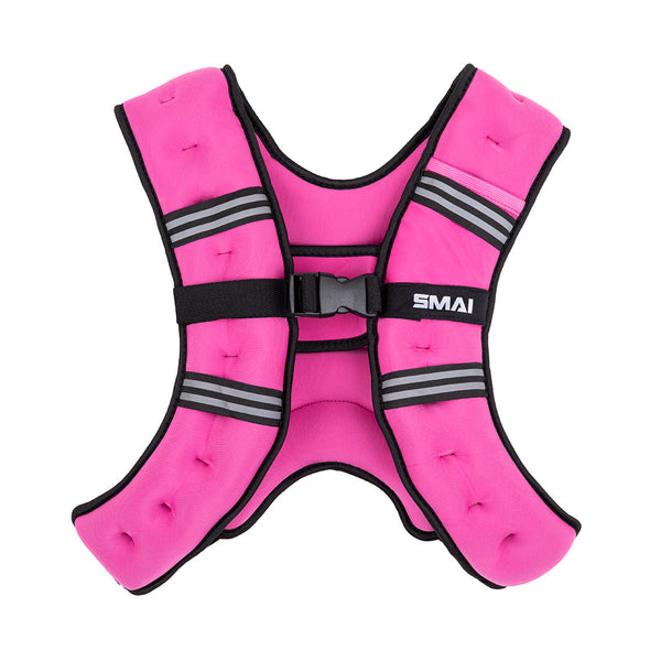 The SMAI Weighted Ruck Vest - Pink features black trim, two horizontal reflective stripes on each side, a central black buckle strap, and the SMAI logo in white on the front. Stylish and perfect for your workouts.