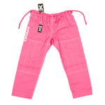 The Supreme X Brazilian Jiu Jitsu Uniform - Pink by SMAI features bright pink Rip Stop pants with white stitching, a drawstring waist, and “SUPREMEX” printed vertically on the left leg; shown flat with tags attached.