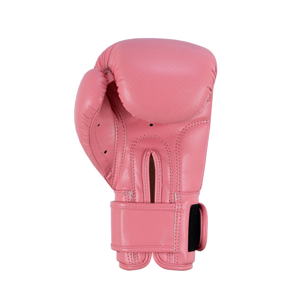 The SMAI PRE ORDER: Essentials Kids Boxing Glove - Pink is displayed upright against a white background, featuring synthetic leather construction and a Velcro strap for wrist support.