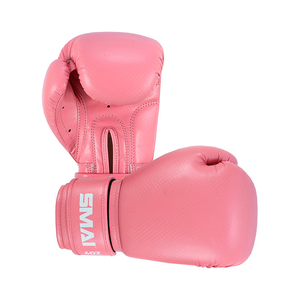 The SMAI Essentials Kids Boxing Glove in pink features the white "SMAI" logo on the wrist strap, with one glove upright and the other flat—ideal boxing gloves for kids.