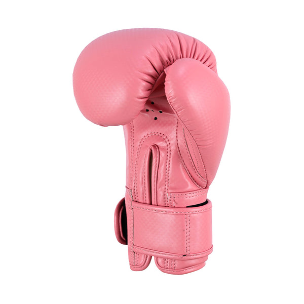 The SMAI Essentials Kids Boxing Glove in pink features a curved, padded design and is shown upright on a plain white background—ideal for young boxers.