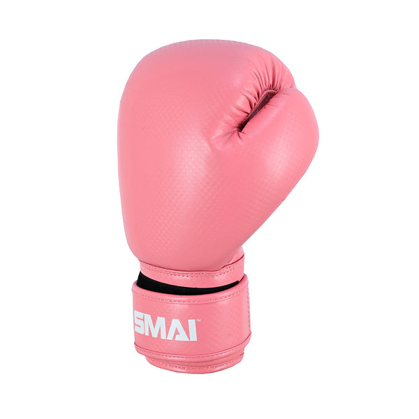 The SMAI Essentials Kids Boxing Glove - Pink features a black strap and white "SMAI" logo, shown upright on a white background—ideal for aspiring young athletes.