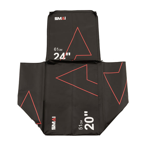 The pre-assembled SMAI Replacement Cover fits black foam Plyometric Boxes with red geometric designs and white measurements (61 cm/24", 51 cm/20"), clearly displaying the SMAI brand.
