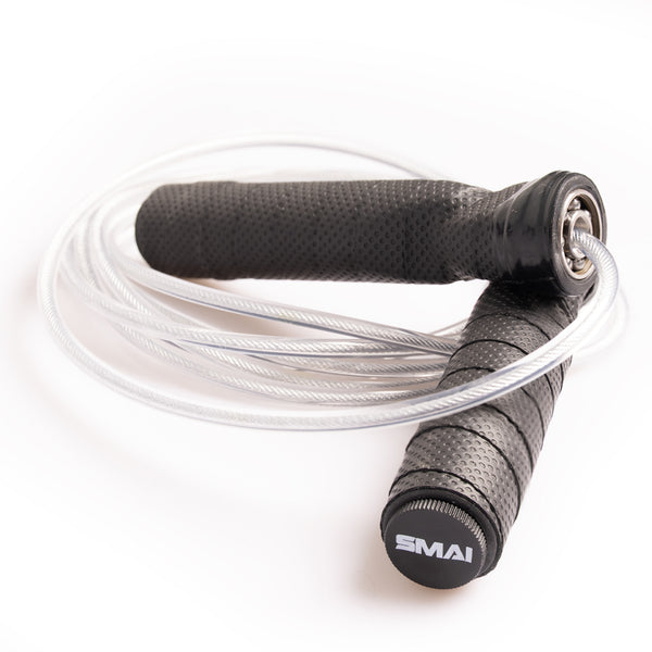 An SMAI Skipping Rope with Weighted Handles featuring textured black handles and a clear-coated cable.