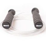 SMAI Skipping Rope with Weighted Handles featuring textured black handles and a clear coated wire cable.