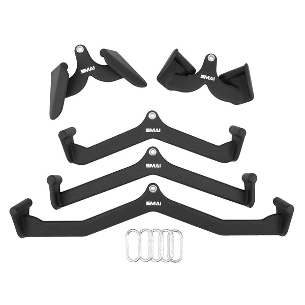 The SMAI Neoprene Cable Machine Attachments Set (5 Piece) features black multi-grip handles and ergonomic gym accessories, all branded with “SMAI,” arranged flat with five silver carabiners included.